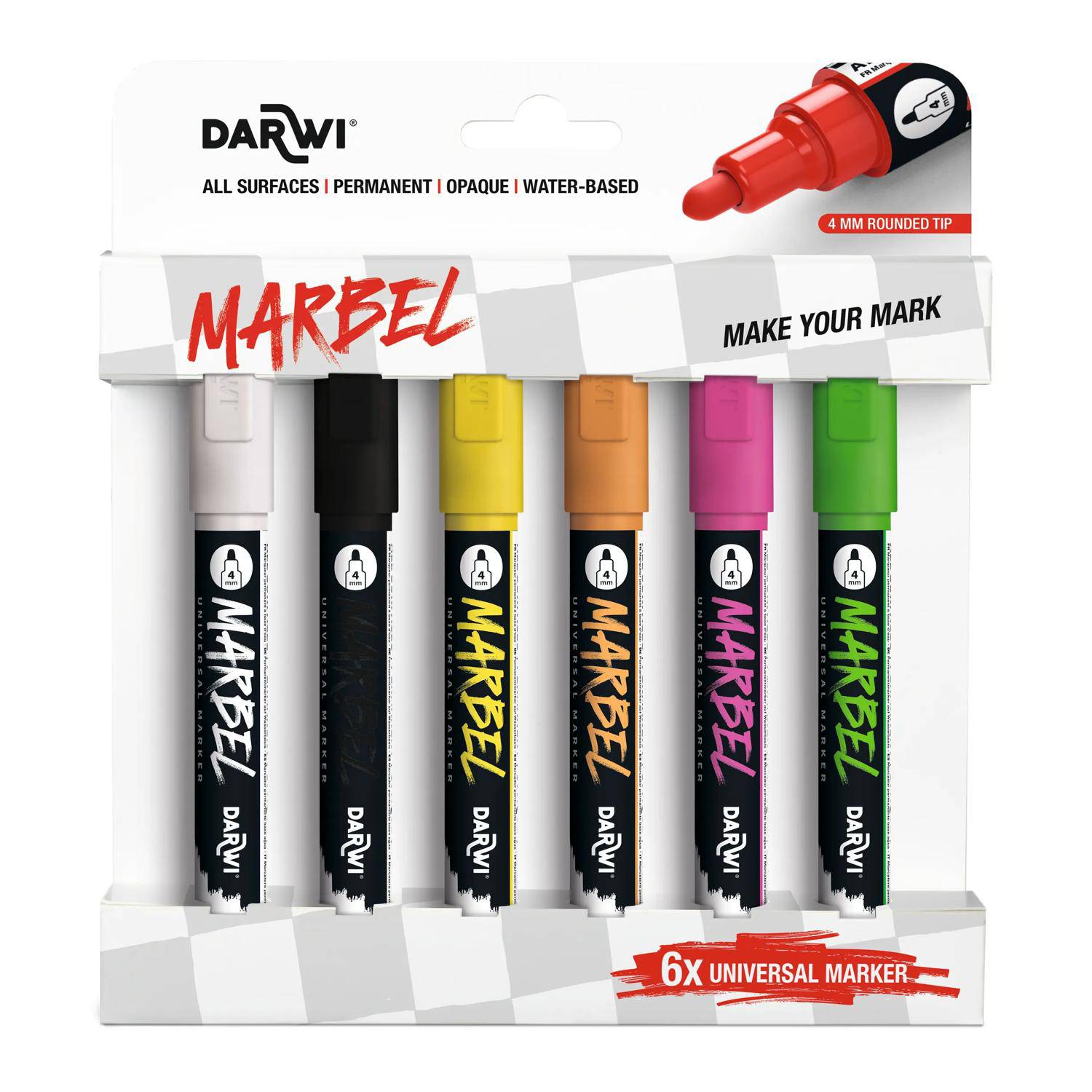 Darwi Set 6 Universalmarkern Acrylfarben, Rund 4mm, Neonfarben DA0246004K01C