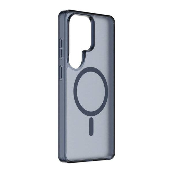 Durchsichtiges graues Smartphone-Schutzhülle mit großem Kameraausschnitt und kreisförmigem MagSafe-ähnlichem Laderings auf der Rückseite.