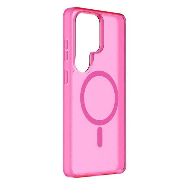 Rosa durchscheiniges Smartphone-Case mit großem kreisförmigem MagSafe-ähnlichem Ausrichtungsring und vertikaler Akzentlinie.
