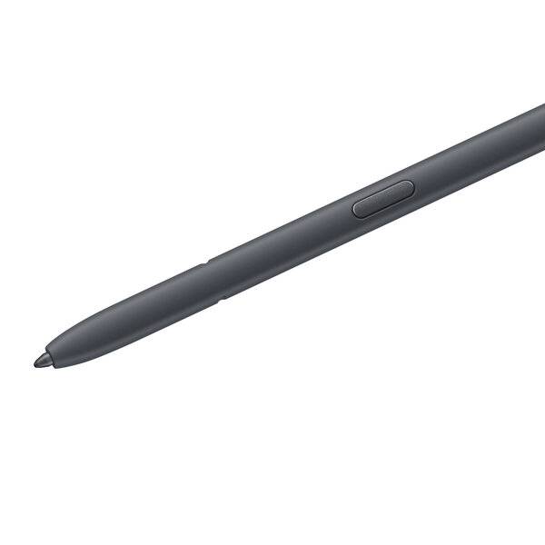 Ein schwarzer Stift mit Stylus-Funktion und einer Seitentaste, diagonal auf weißem Hintergrund dargestellt.