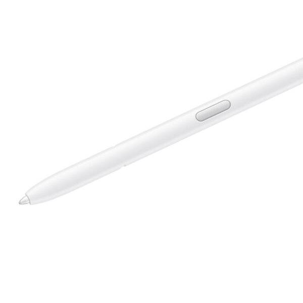 Weißer Stift mit Stylus-Funktion und Seitenschalter auf einfachem weißem Hintergrund.