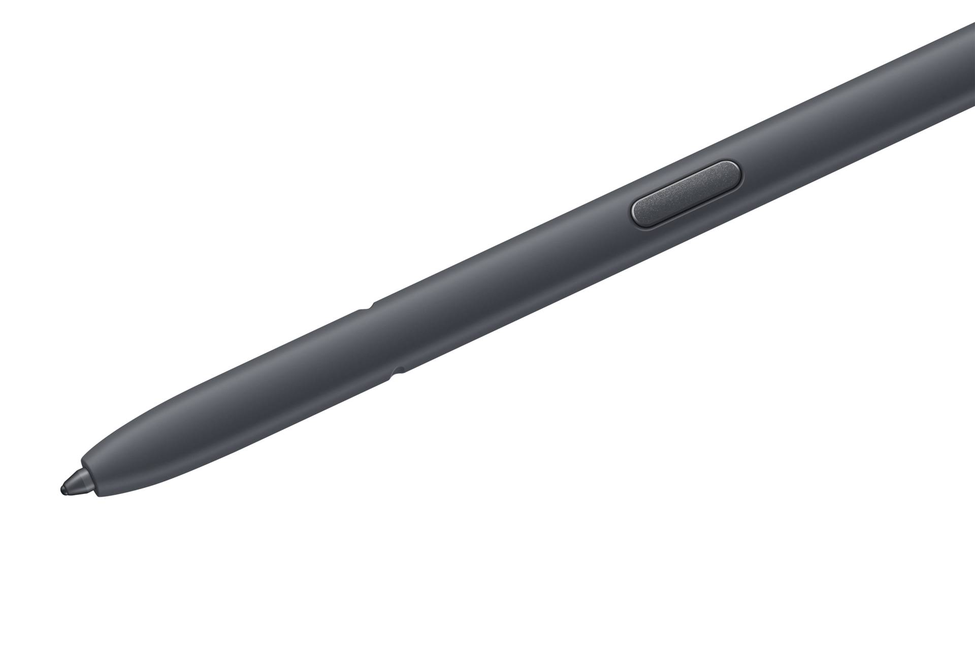 Grauer Stylus-Stift auf schwarzem Hintergrund, diagonal dargestellt mit einer Seitentaste in der Nähe der Spitze.