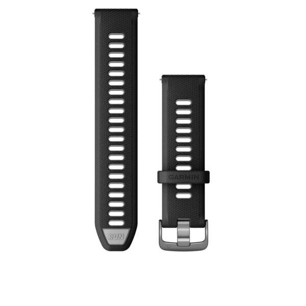 Schwarzes Garmin 'RUN' Uhrenarmband shown von vorne und hinten, mit belüftetem Riemenarmband und Metallschnalle.