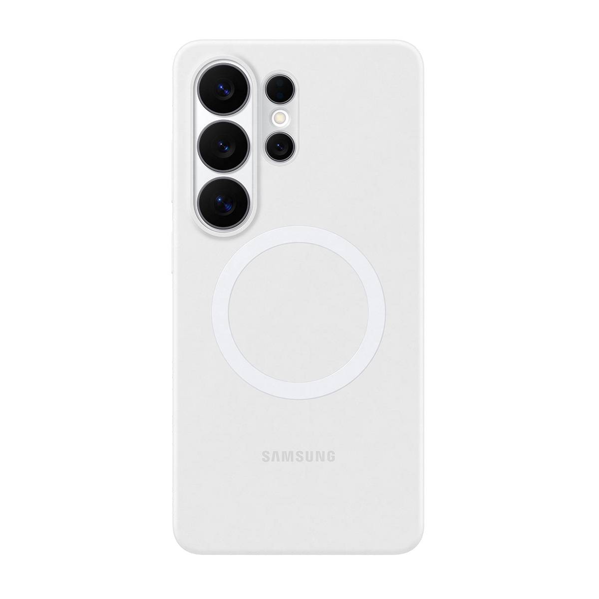 Rückseite eines weißen Samsung-Smartphones mit dreifacher Hintergrundkamera und einem kreisförmigen drahtlosen Ladering.