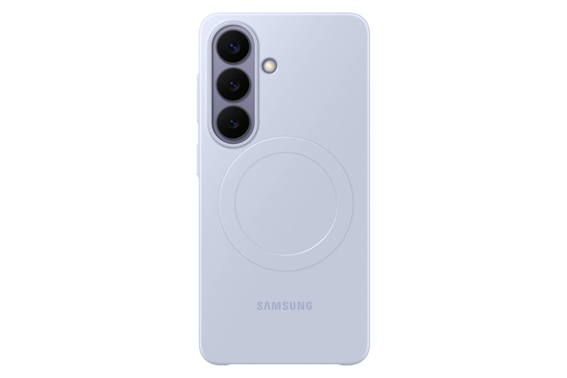 Rückansicht eines helllavendelfarbenen Samsung-Smartphones mit dreifacher Rückkamera und einem kreisförmigen kabellosen Ladering.