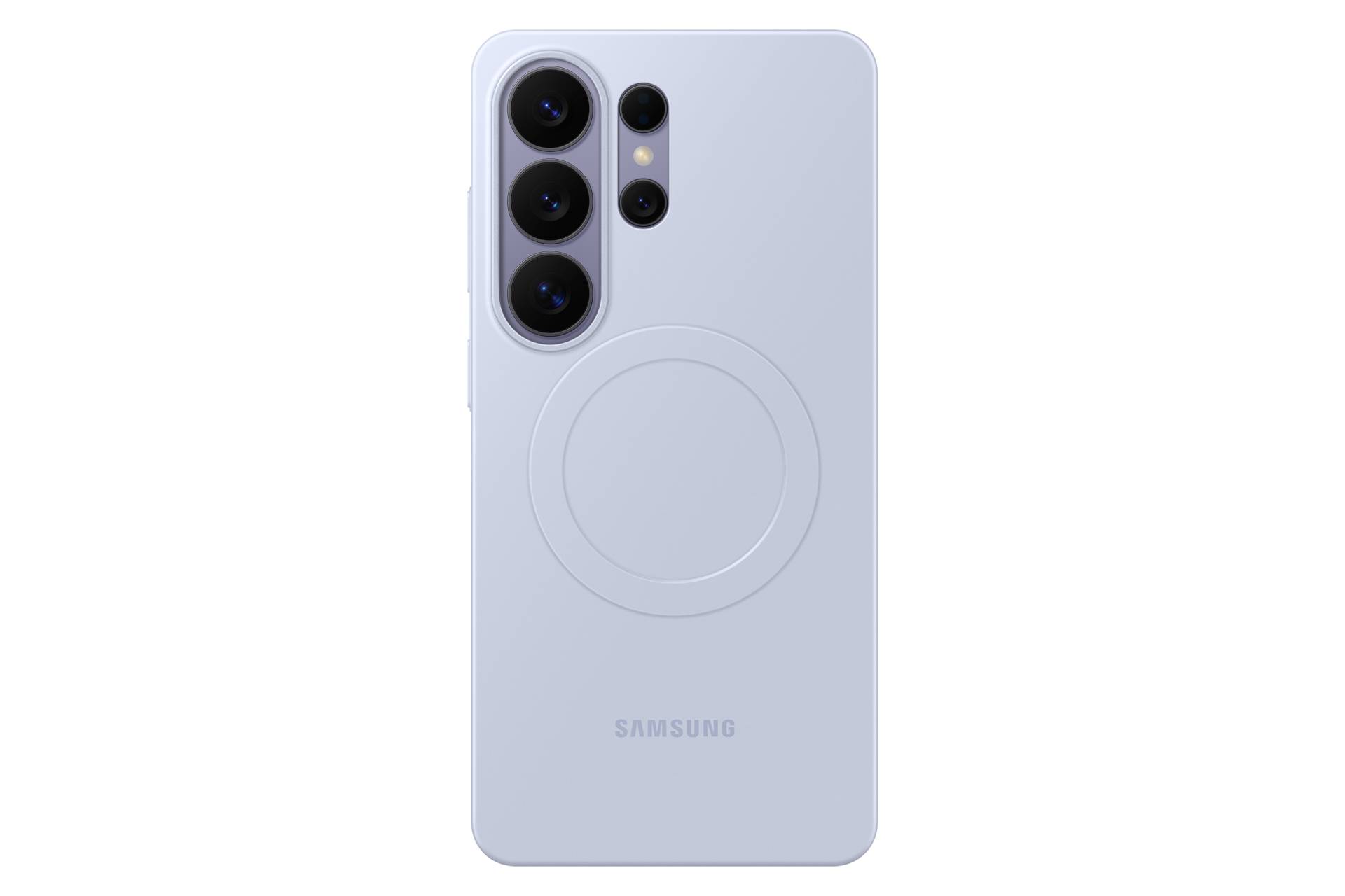 Rückansicht eines helllila Samsung-Smartphones mit dreifacher Rückkamera und einer kreisförmigen Wireless-Charging-Markierung