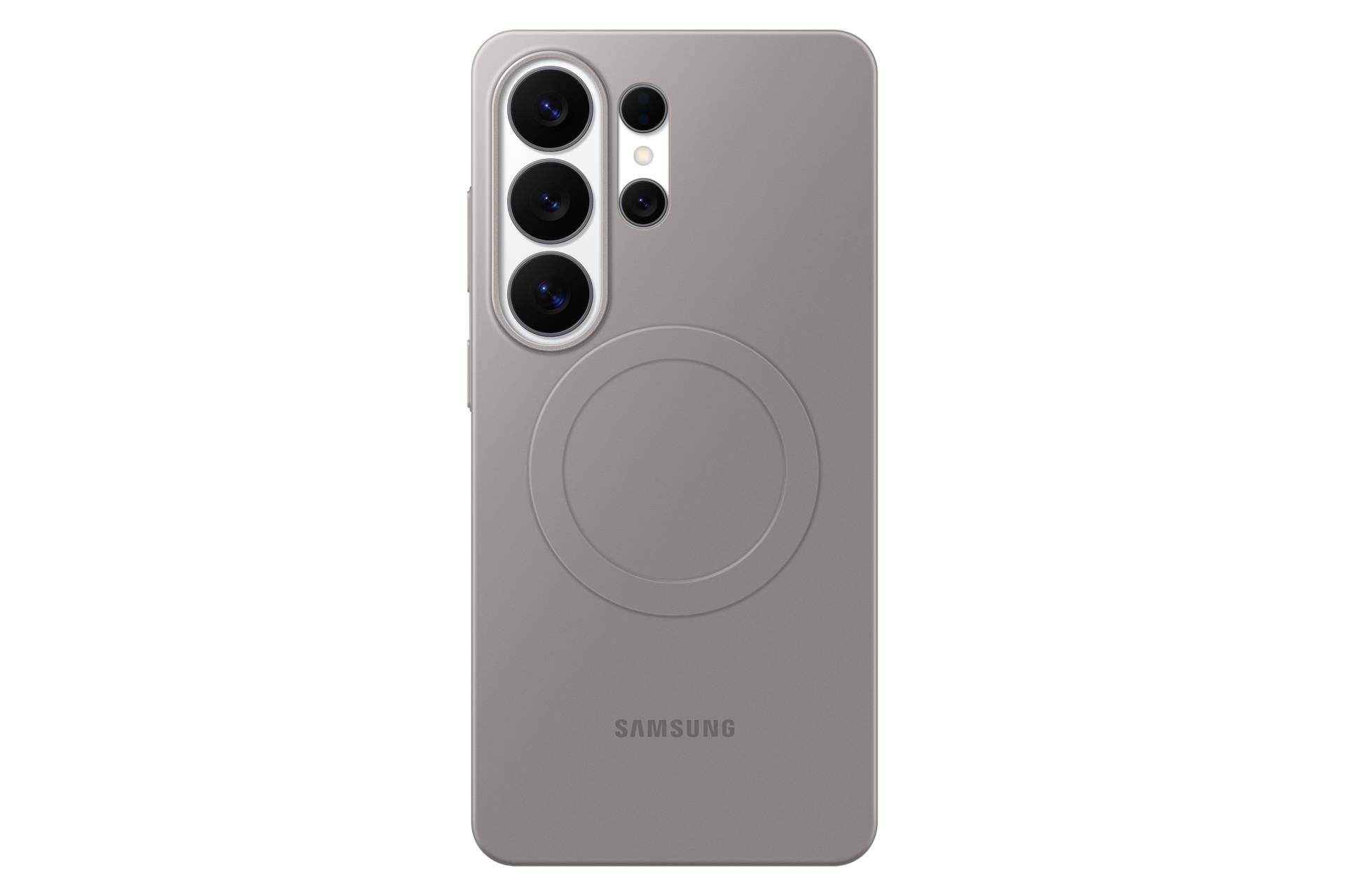 Rückseite eines grauen Samsung-Smartphones mit drei rückwärtigen Kameras und einer zentrierten kreisförmigen Wireless-Charging-Markierung.