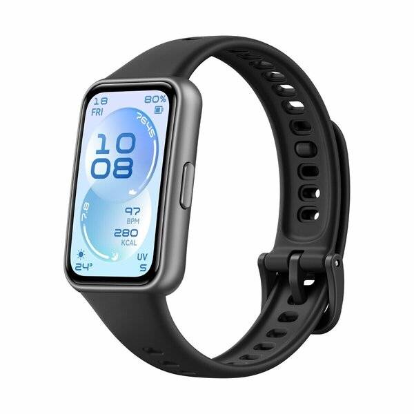 Schwarze Fitness-Smartwatch mit rechteckigem Display zeigt Zeit 10:08, Datum Fr 18, Herzfrequenz, Kalorien, UV, Wetter und Akku bei 80%