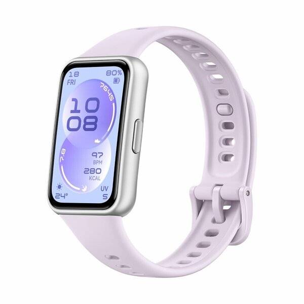 Hellila Fitness-Smartwatch mit rechteckigem Bildschirm, der Uhrzeit, Datum, Akku, Herzfrequenz, Kalorien und Temperatur auf weißem Hintergrund anzeigt.