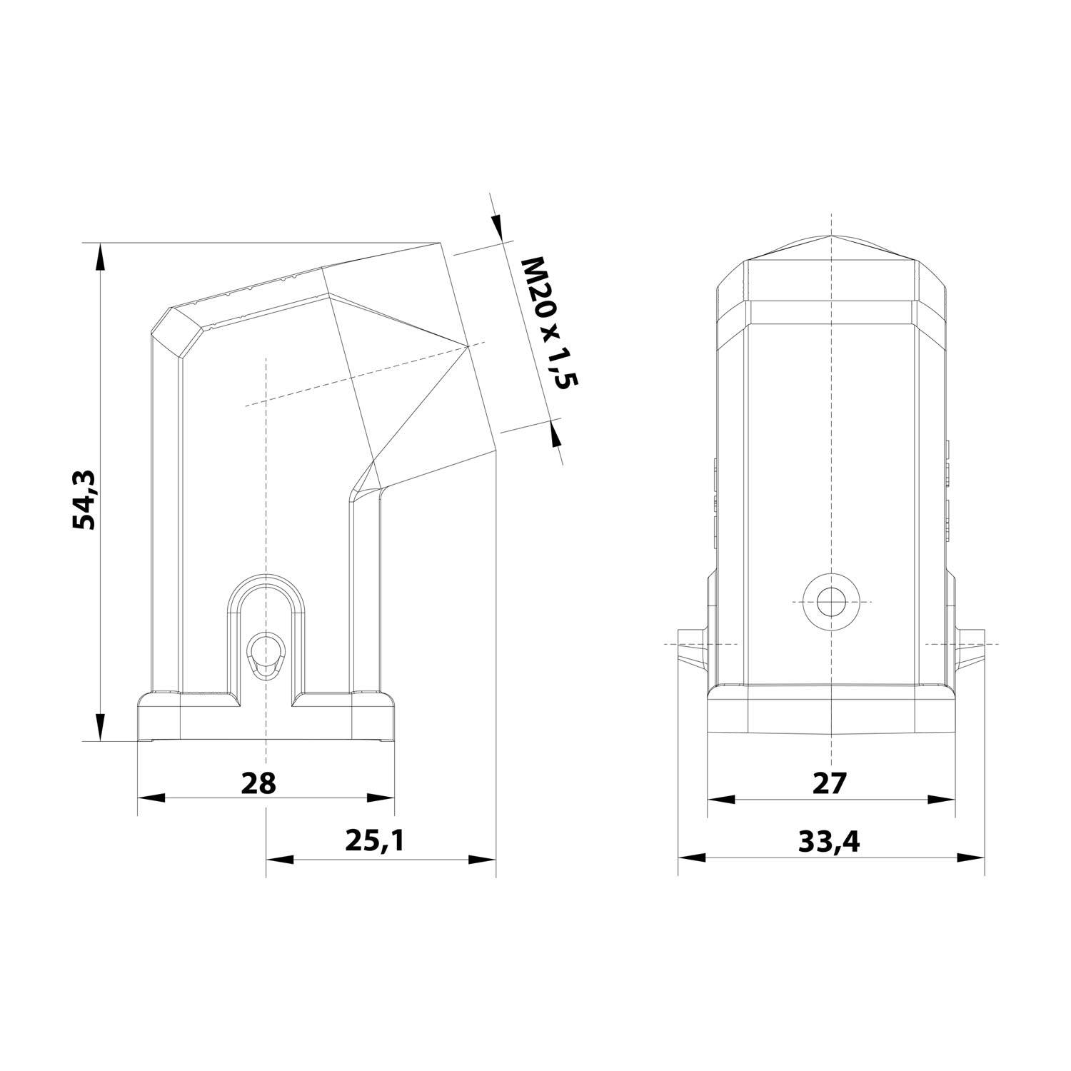 HARTING Han 3A Tüllengehäuse ohne eingeklebte Dichtung, 1xM20 seitlicher Kabelabgang, für 1 Bügel (am Unterteil)