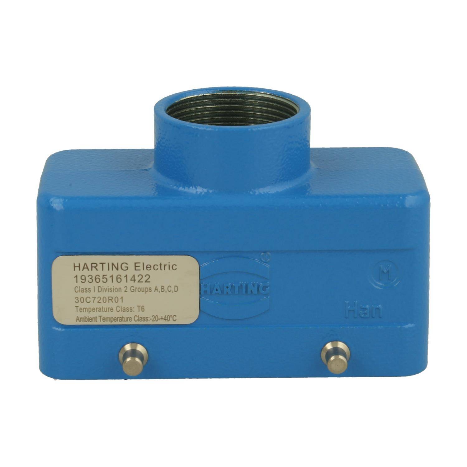 Blauer Harting-Elektrostecker mit Gewinde-Deckelöffnung und zwei Metallbefestigungselementen, gekennzeichnet mit Produkt- und Sicherheitsinformationen.