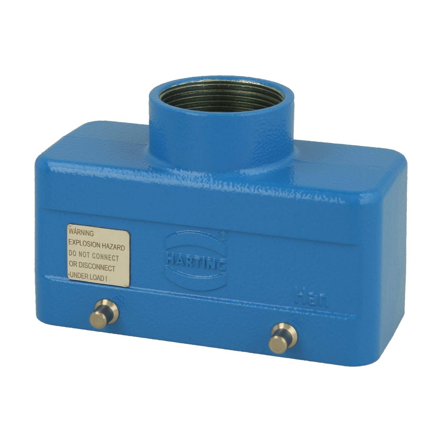 Blaues Industrie-Elektrostecker-Gehäuse mit Gewinde-Öffnung oben und Warnschild