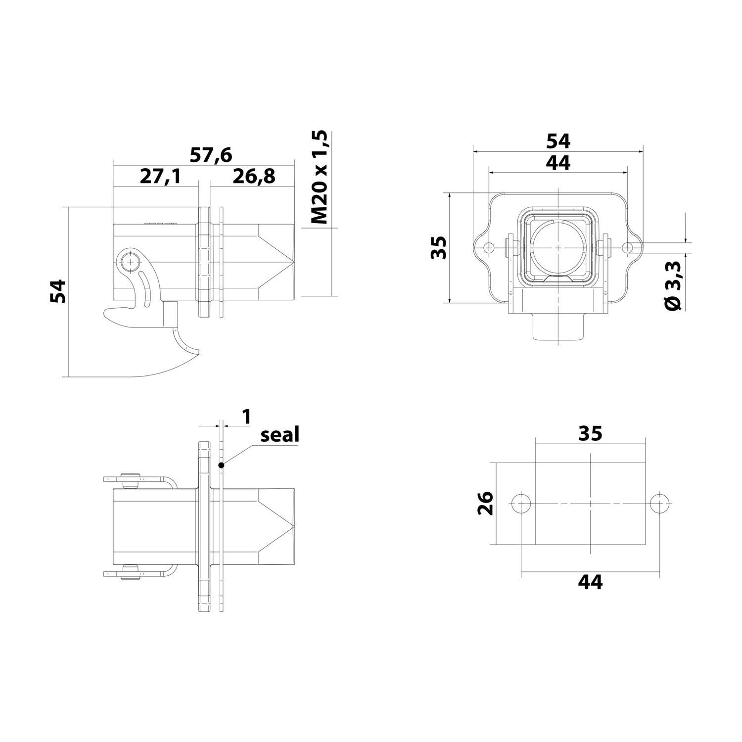 HARTING Han 3A Wanddurchführung gerade, 1xM20 gerader Kabelabgang, mit 1 Bügel 1 Sicherheitsbügel Metall - 1 Stück