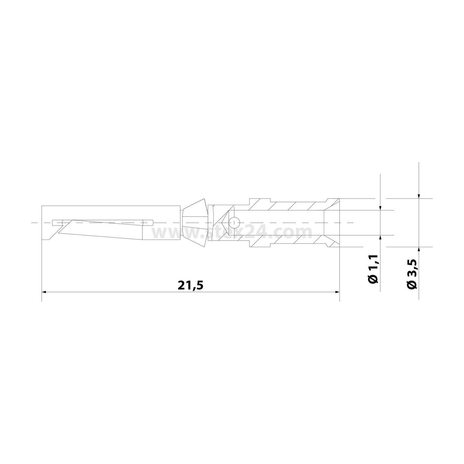 Technische Maßzeichnung eines kleinen Steckers oder Anschlusses mit einer Länge von 21,5 und Durchmessern von 1,1 mm und 3,5 mm.