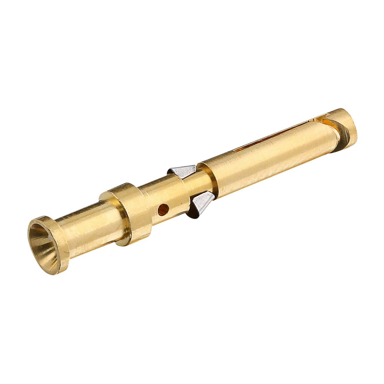 Messing-Teleskop-Zylinderstecker oder -Anschlussstift auf weißem Hintergrund.