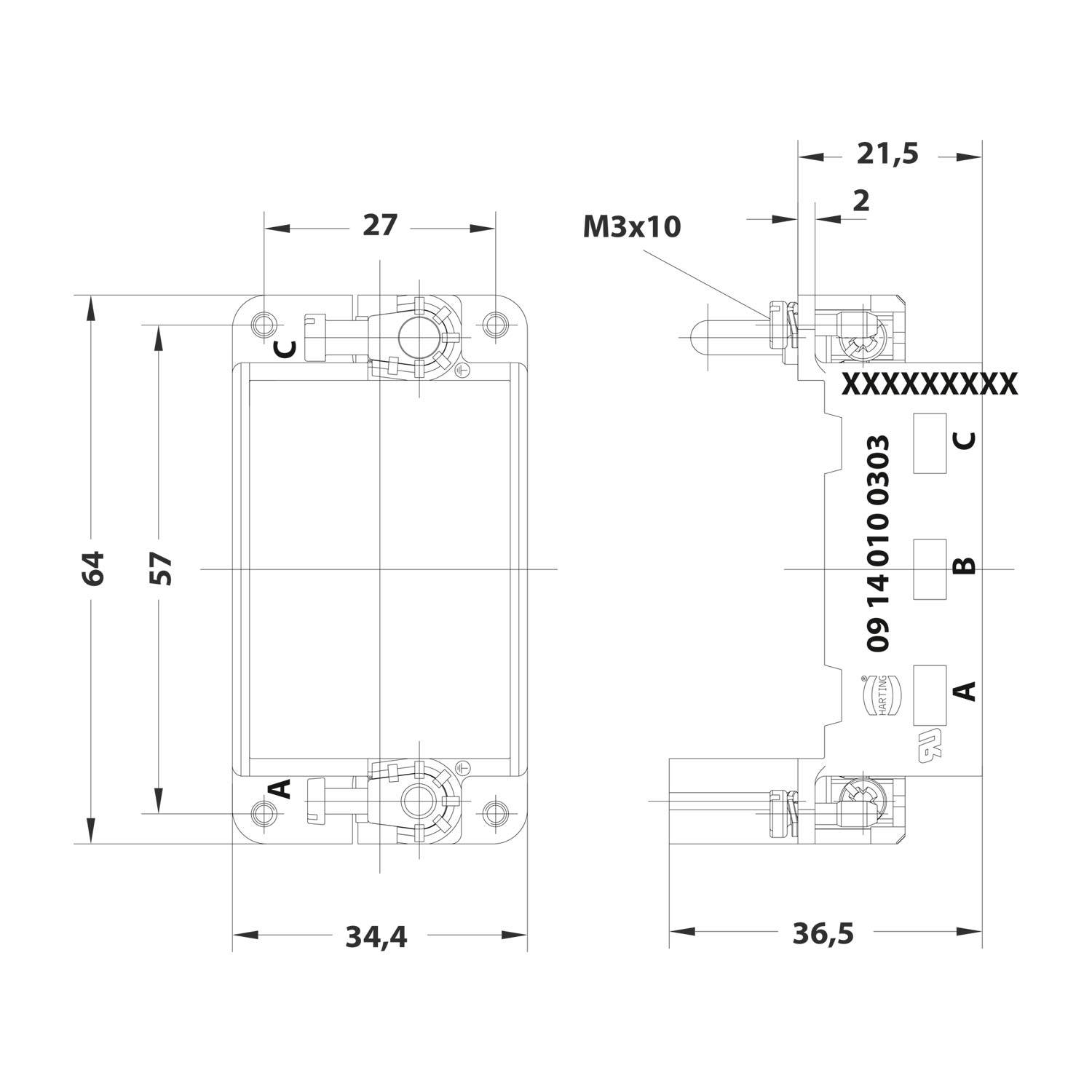 HARTING Han Gelenkrahmen (M), Baugröße 10B Stift, für 3 Module Querschnitt PE 1mm² - 2,5mm² / 4mm² - 10mm²