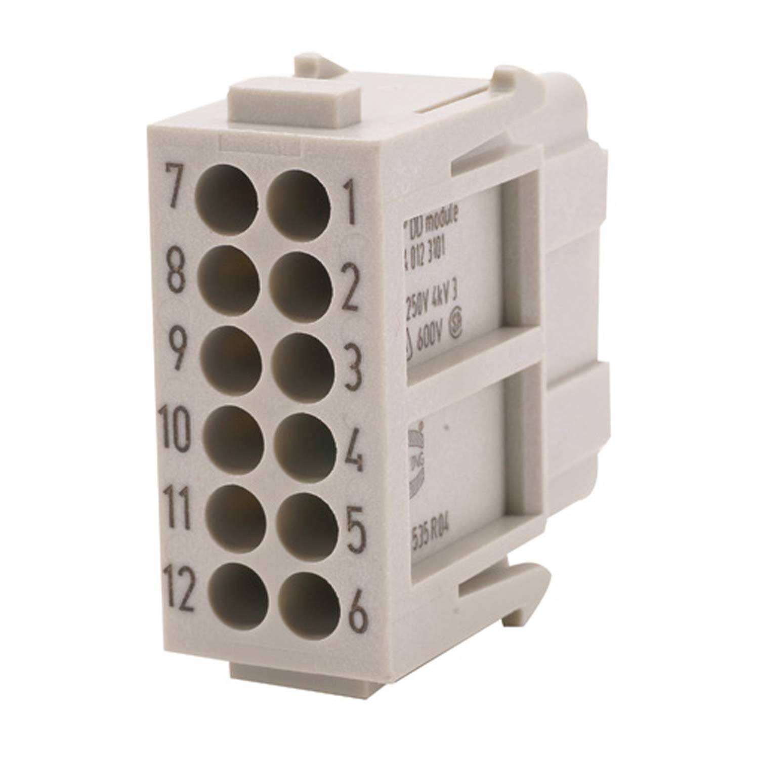 Weißer Elektro-Klemmenblock-Stecker mit 12 runden Drahtanschlüssen, nummeriert 1-12, auf einfachem Hintergrund dargestellt.