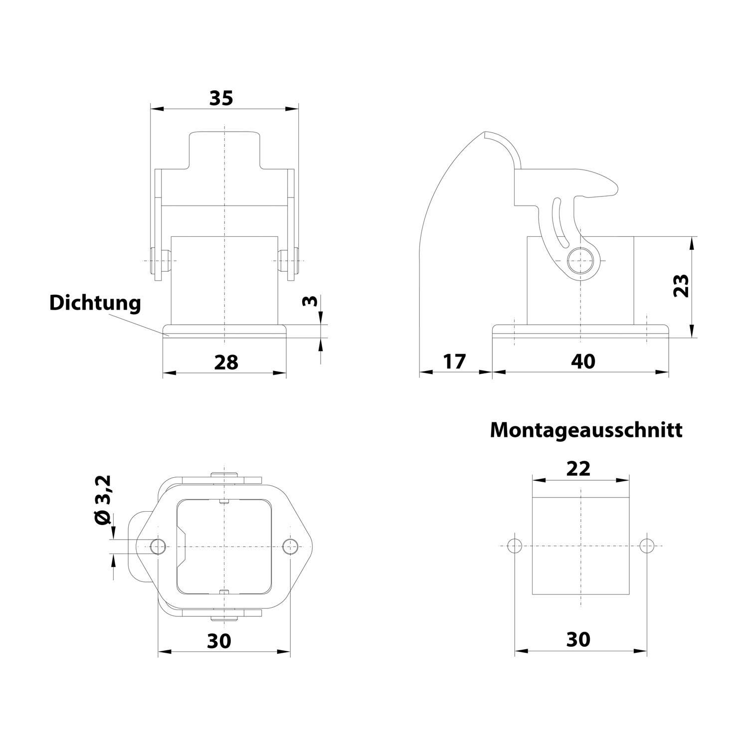 HARTING Han 3A Anbaugehäuse gerade mit 1 Bügel 1 Sicherheitsbügel Metall - 1 Stück