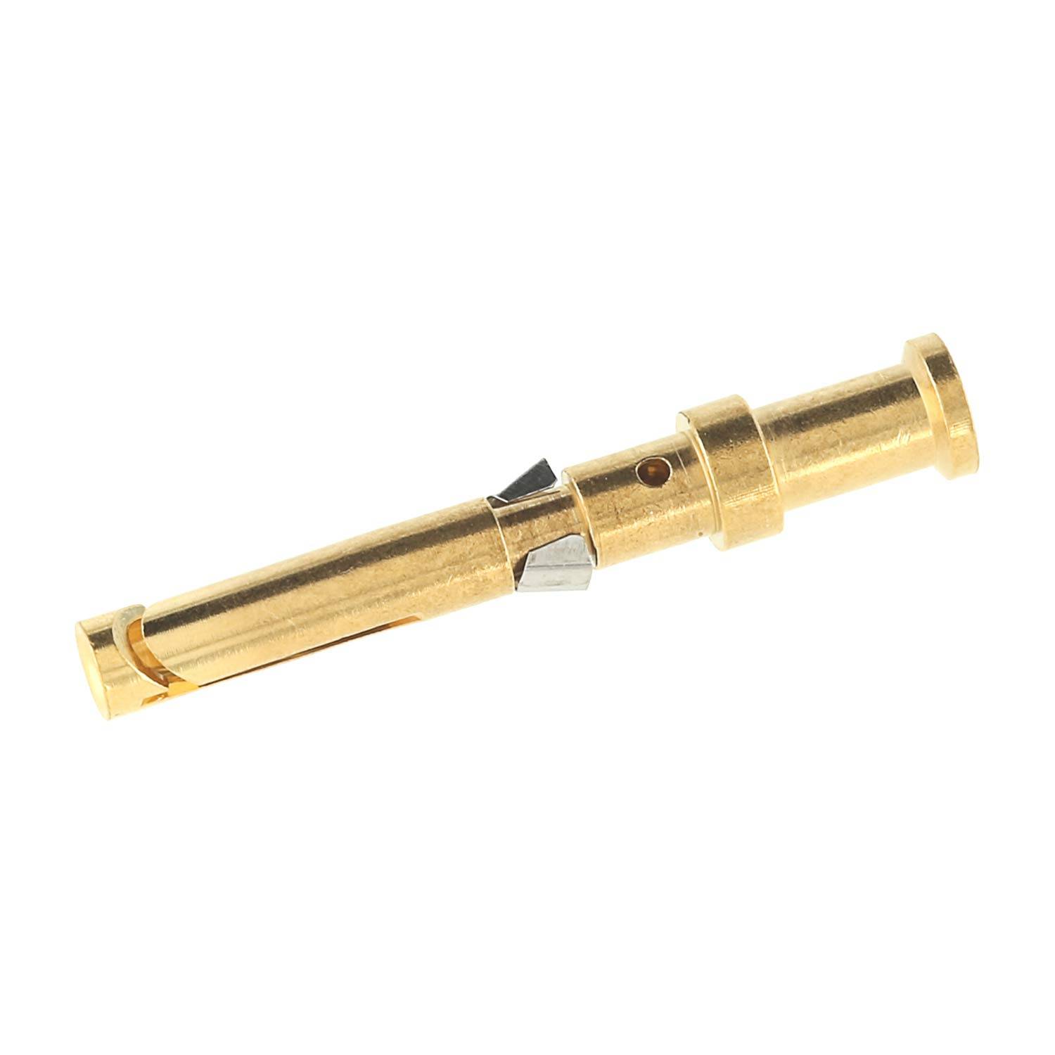 Gold-farbiger zylindrischer Metallstecker oder Adapter mit Verriegelungslaschen, isoliert auf weißem Hintergrund dargestellt.