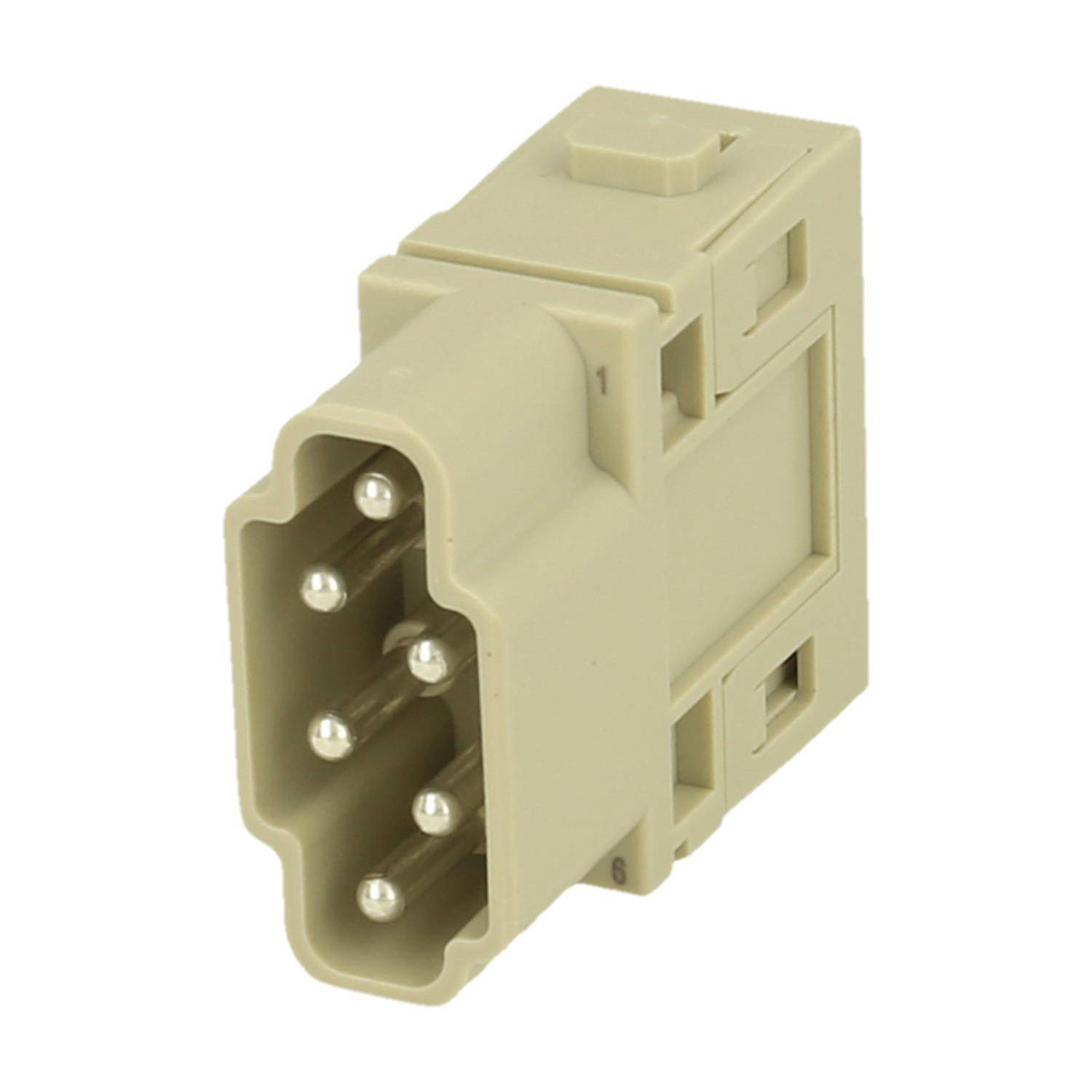Beiger rechteckiger industrieller Elektrostecker mit sechs Metallkontaktstiften auf der Vorderseite.