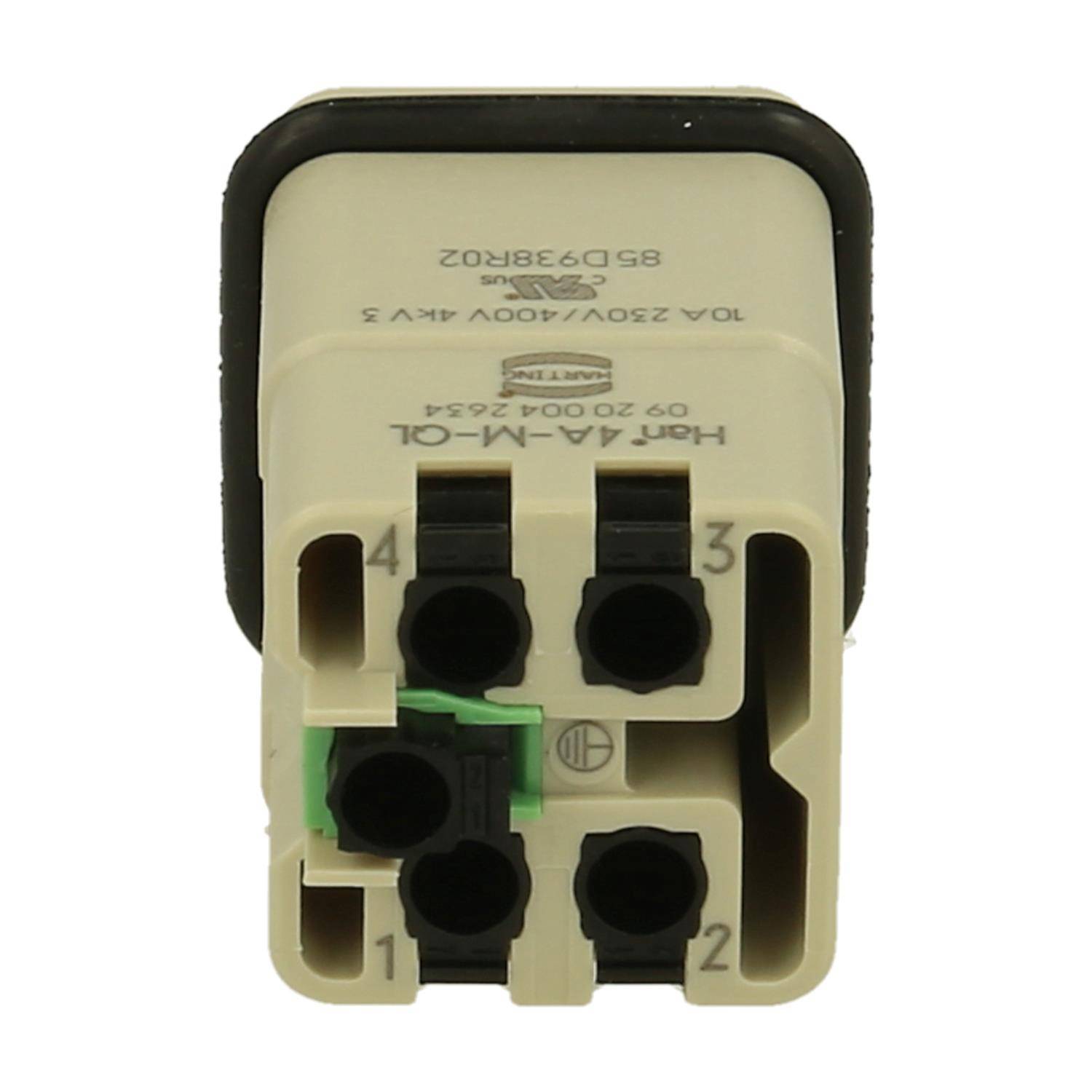Nahaufnahme eines vierpoligen Elektrosteckverbinders mit den Anschlüssen 1, 2, 3 und 4.