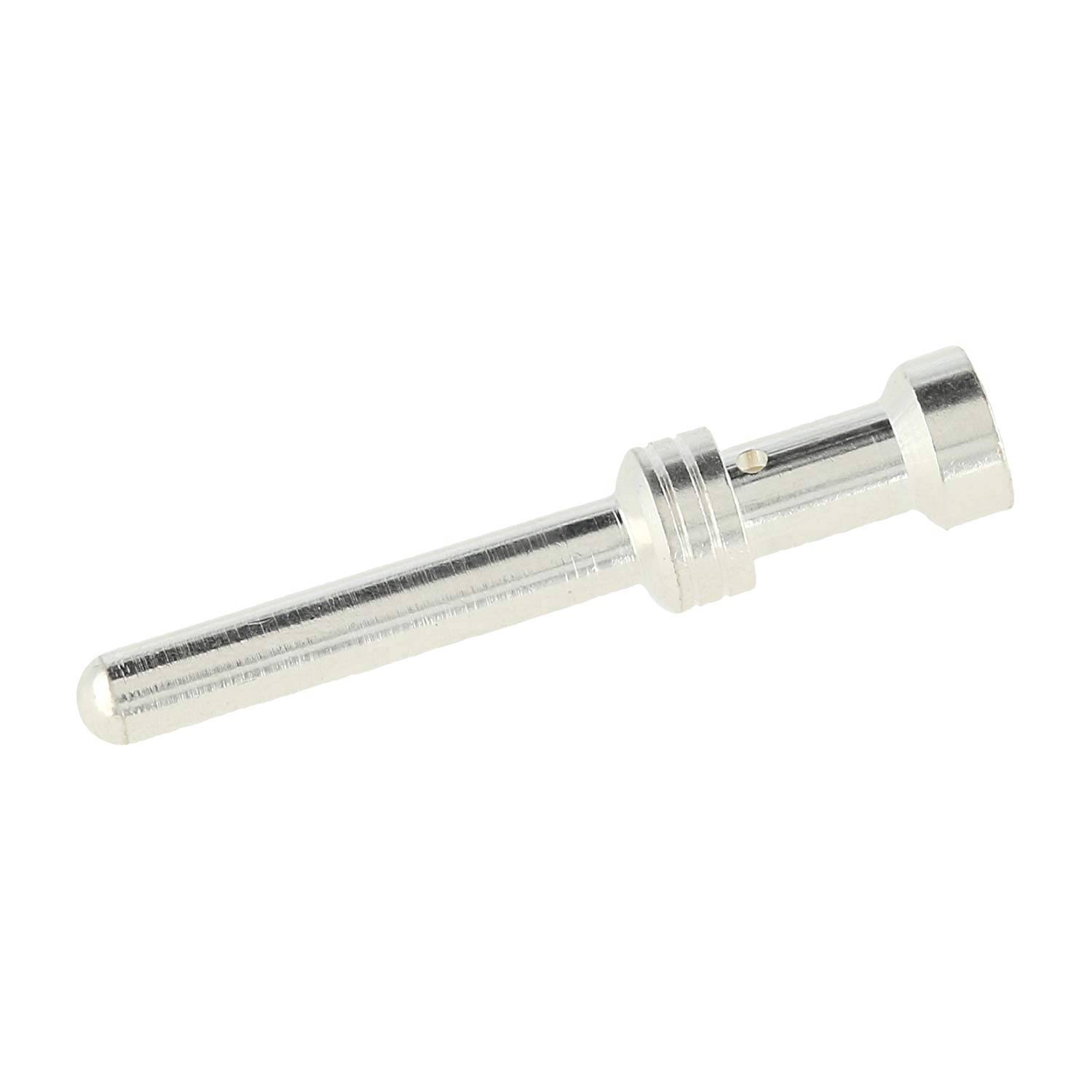 Kleine silberne Metallstiftverbindung oder Stecker mit abgerundeter Spitze und Flanschierende, dargestellt auf weißem Hintergrund.