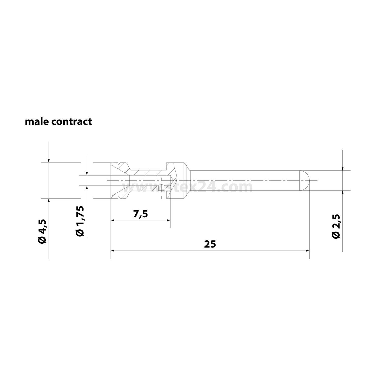 Technische Zeichnung eines männlichen Kontakts mit folgenden Abmessungen: 25 mm Länge, 7,5 mm Gehäuselänge, 4,5 mm, 1,75 mm und 2,5 mm Durchmesser.