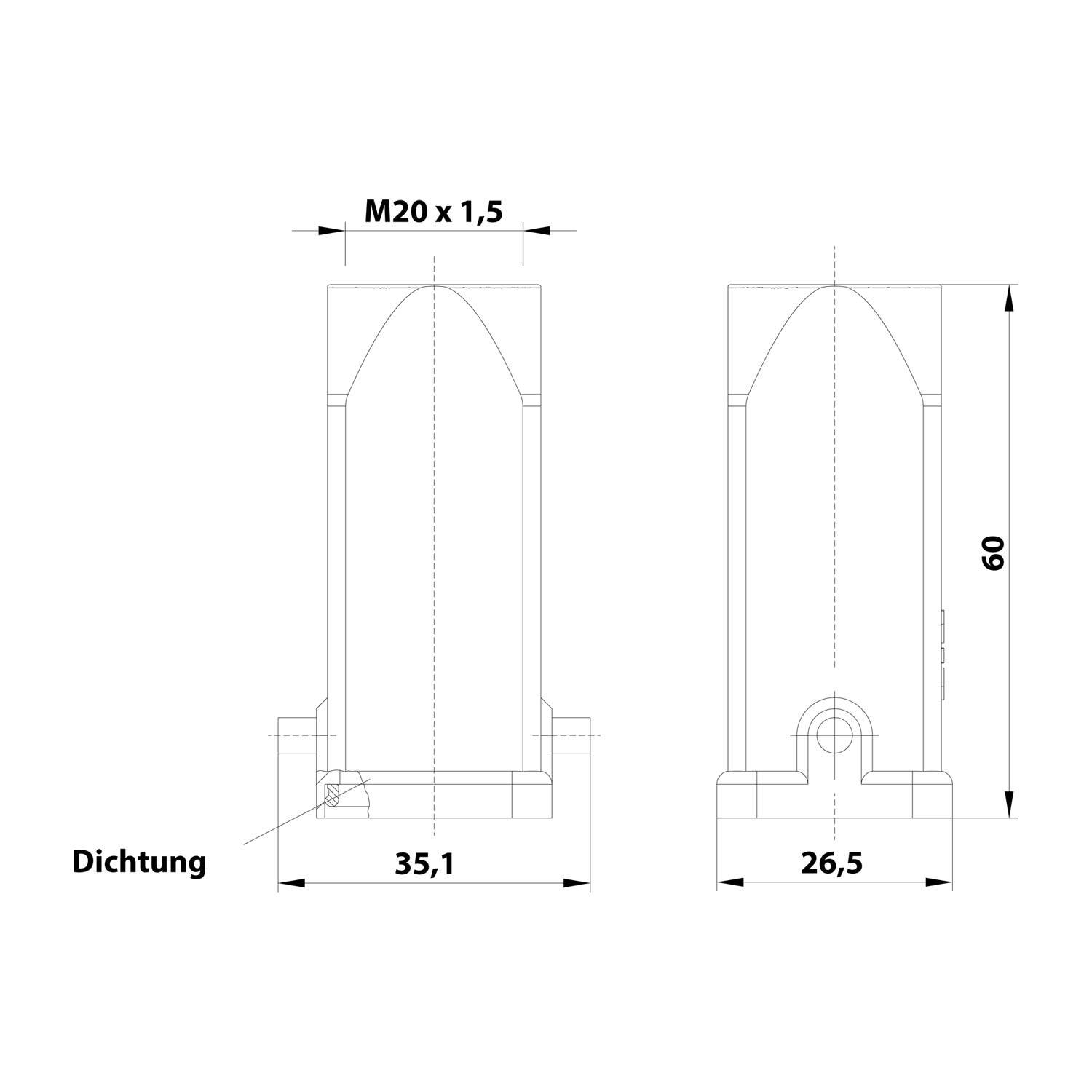 HARTING Han 3A Tüllengehäuse mit eingeklebter Dichtung, 1xM20 gerader Kabelabgang, für 1 Bügel (am Unterteil)