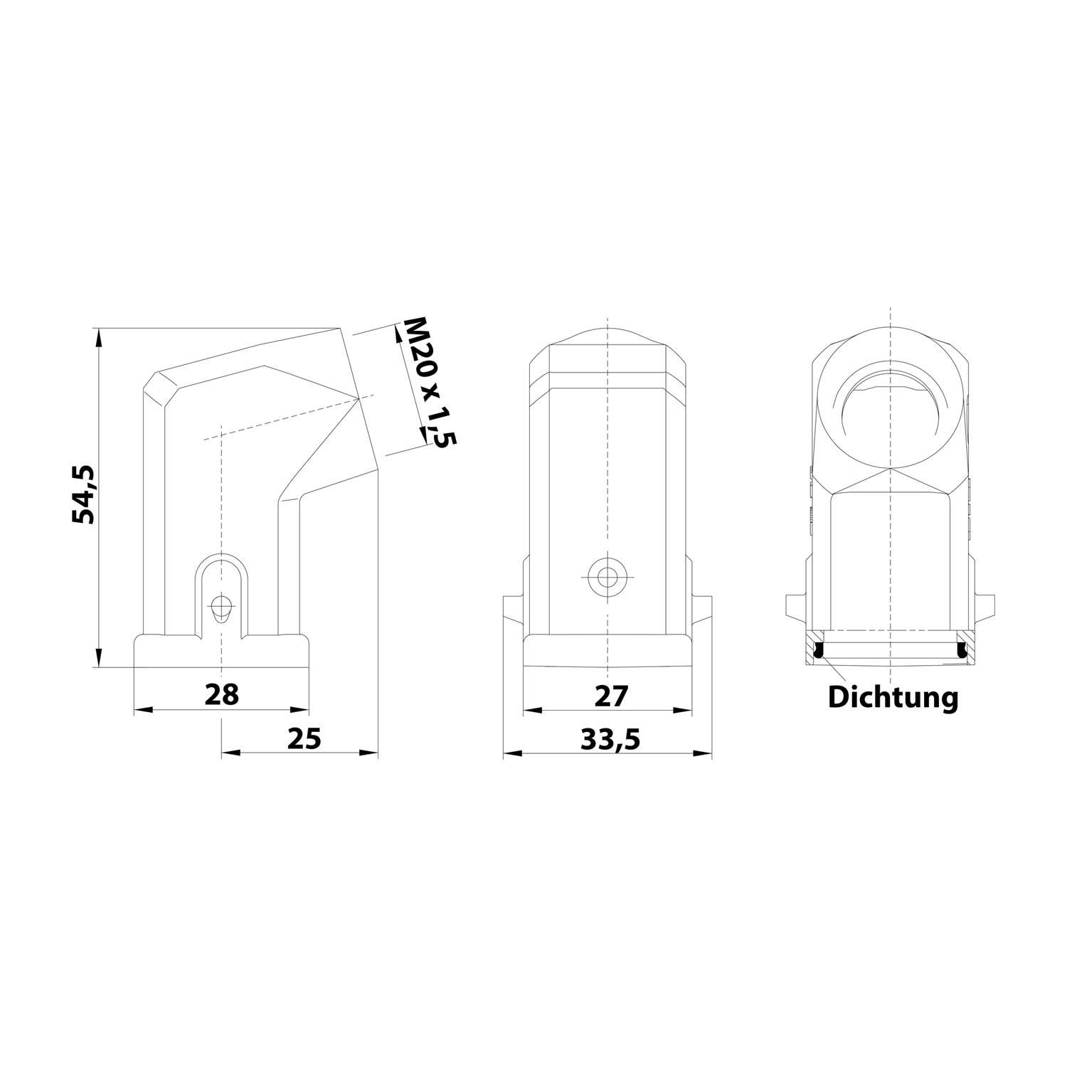 HARTING Han 3A Tüllengehäuse mit eingeklebter Dichtung, 1xM20 seitlicher Kabelabgang, für 1 Bügel (am Unterteil)