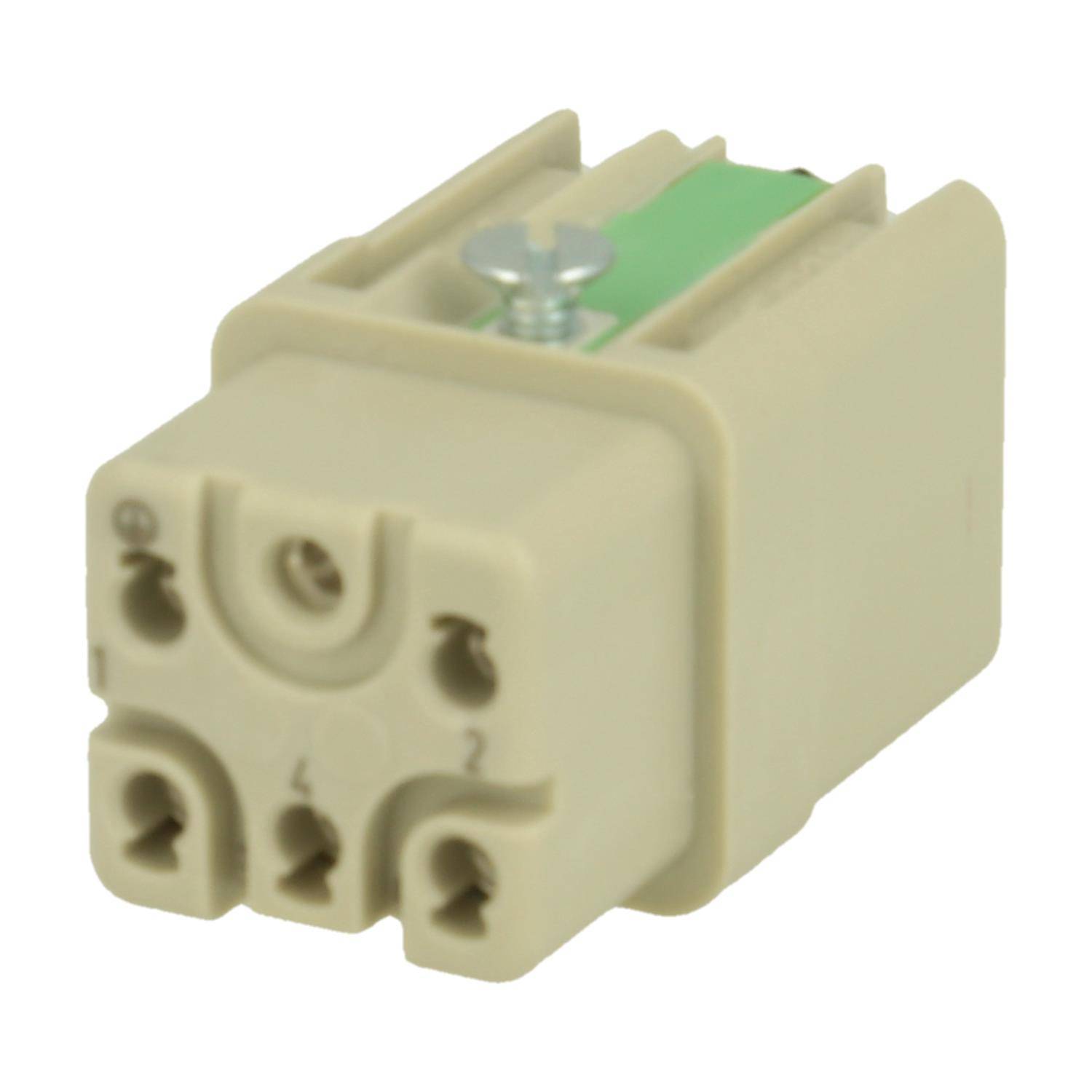 Nahaufnahme eines beige farbigen Elektrosteckverbinders mit mehreren Steckplatzöffnungen und einem grünen oberen Einsatz.