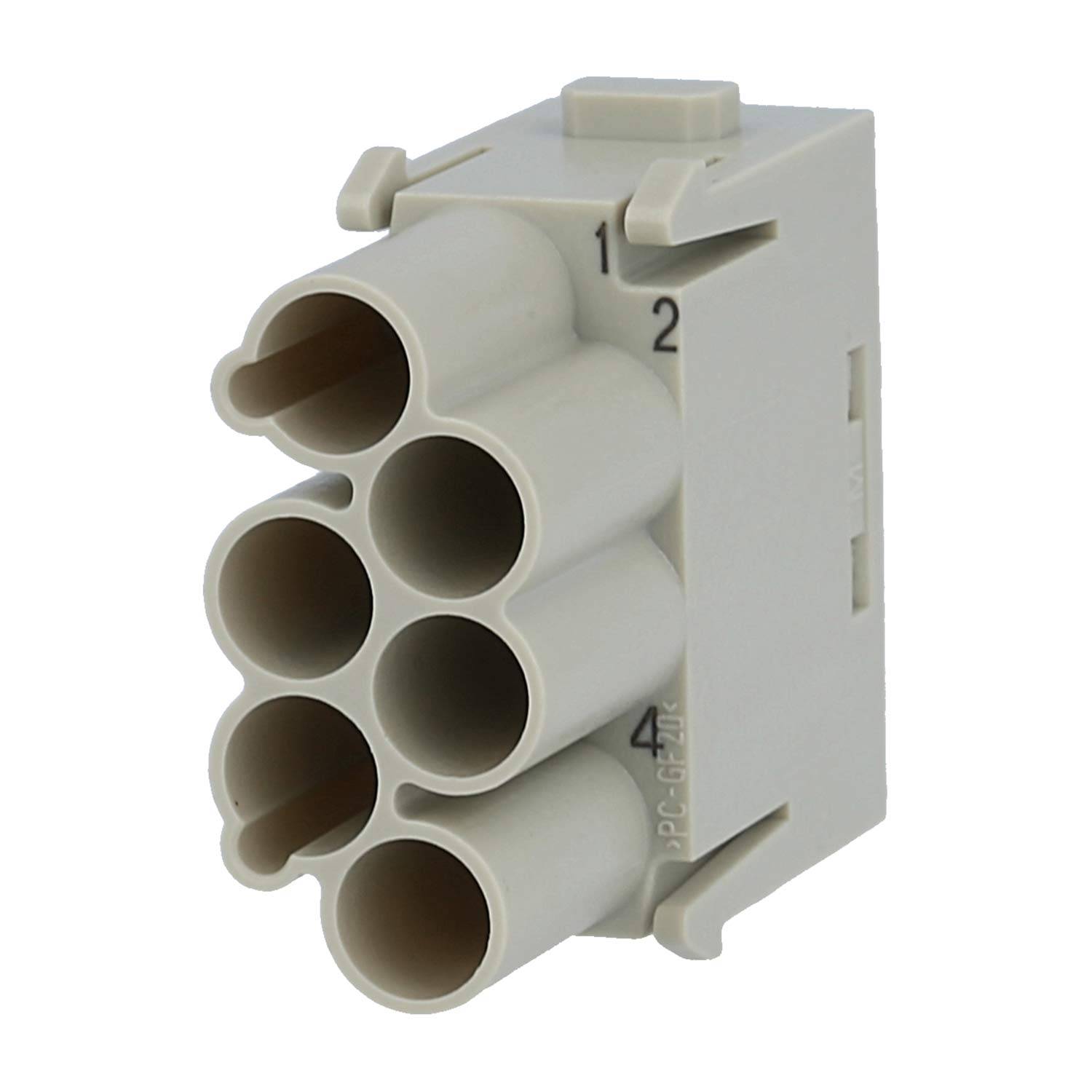 Graues Elektrostecker-Modul mit sechs kreisförmigen Buchsen und nummerierten Anschlüssen 1 bis 4 an der Seite, vor weißem Hintergrund dargestellt.