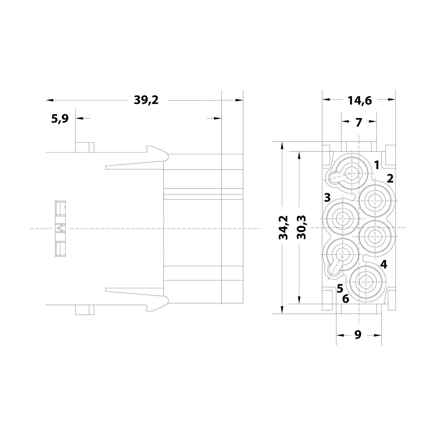 Technische Dimensionszeichnung eines kleinen mechanischen Steckers oder Gehäuses mit Seiten- und Vorderansicht mit beschrifteten Maßen 39,2, 34,2, 30,3, 14,6, 7, 5,9 und 9.