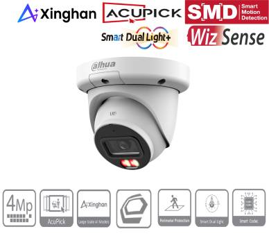 Werbebild einer Dahua-Sicherheitskamera mit Logos für Xinghan, AcuPick, SMD, Smart Dual Light und WizSense, plus Funktionssymbole einschließlich 4MP, KI, Umfangsschutz, Warm-/Kaltweiß und intelligentem Codec.