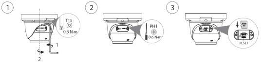 Installationsdiagramm für Toilettensitzscharniere mit drei Feldern: T15-Schraube auf 0,8 Nm anziehen, dann PH1-Schraube auf 0,6 Nm anziehen, dann Rücksetztaste drücken.