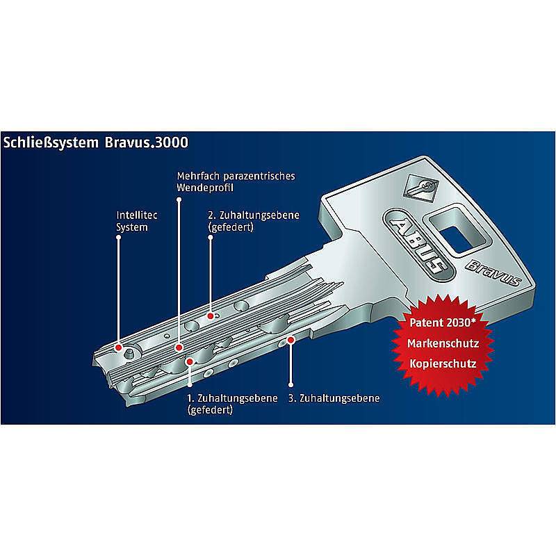 Abus Bravus 3000 Doppelzylinder 30/30 vs. 3 Schl., Sicherheitslevel:HOCH | Bravus.3000 Profildoppelzylinder | Maße (Auß