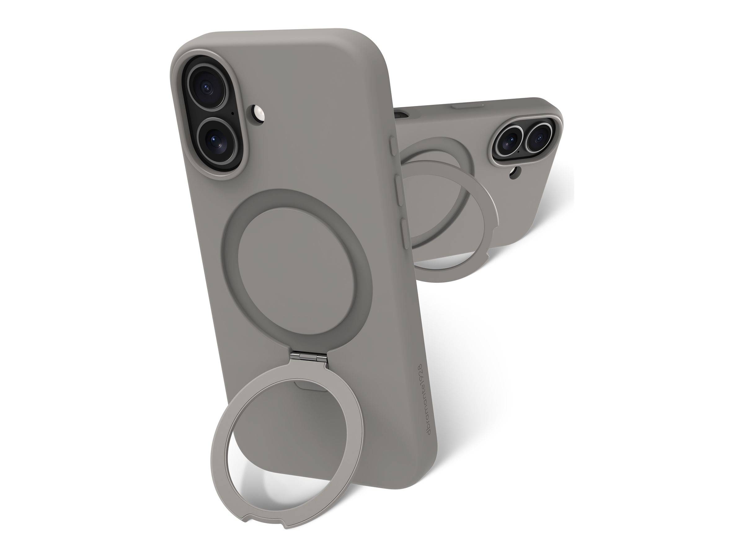 Zwei graue Smartphones in Schutzhüllen, jedes mit einem kreisförmigen Ring-Ständer auf der Rückseite, auf weißem Hintergrund dargestellt.