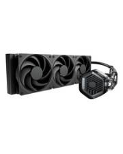 Ein Flüssigkeitskühler für die CPU mit drei großen runden Lüftern und einem angeschlossenen Kühlblock, entwickelt, um die Kühleffizienz des Computers zu erhöhen.