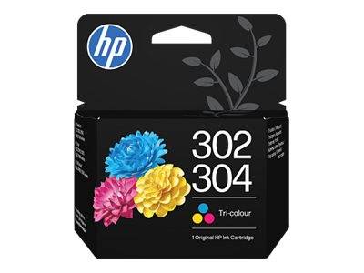 HP Dreifarb-Tintenpatrone Verpackung mit der Kennzeichnung 302/304, mit blauen, rosa und gelben Blumen auf einer schwarzen Schachtel.