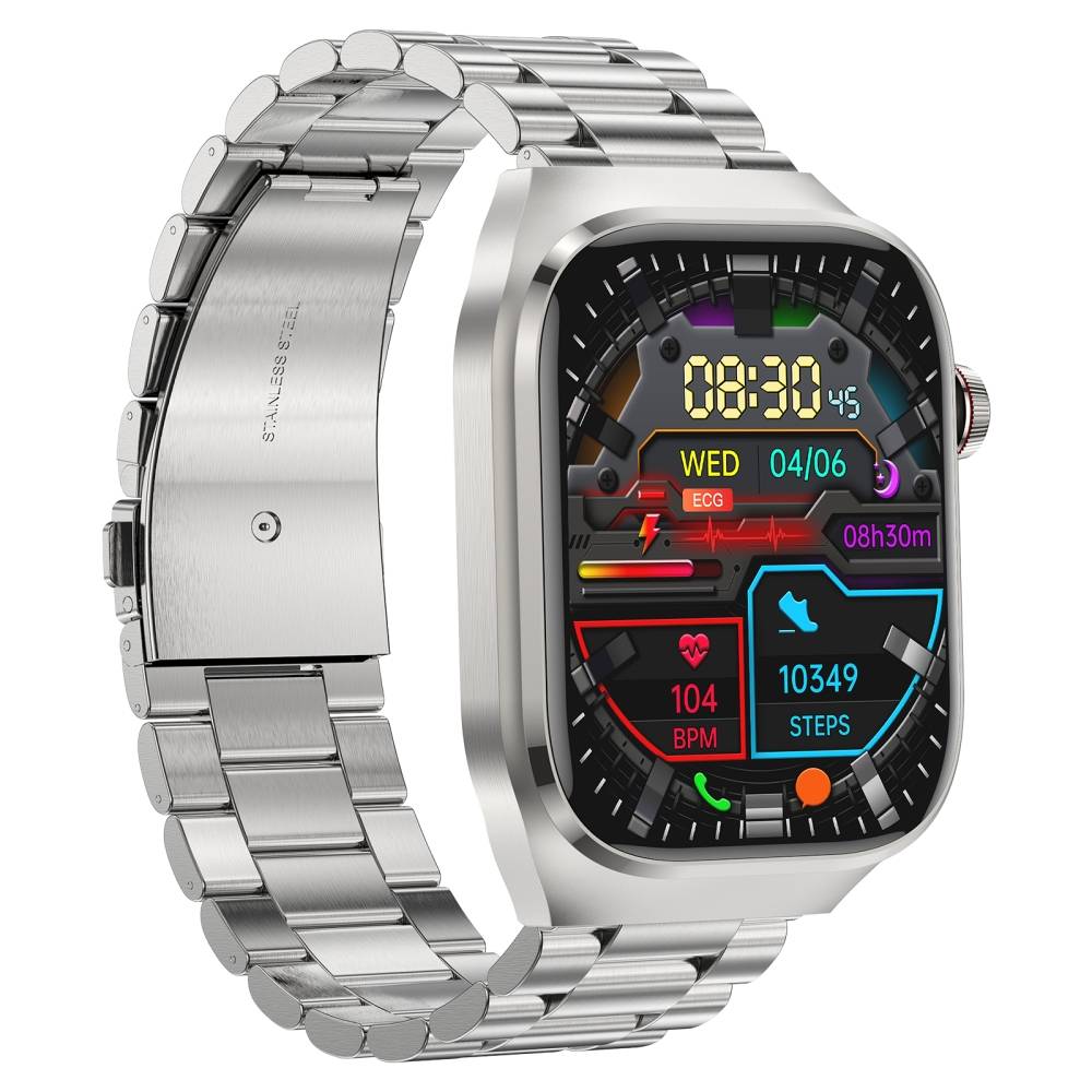 Smartwatch mit Edelstahlarmband EKG, Puls, Blutdruck, Schlaf, Schrittzähler Silver