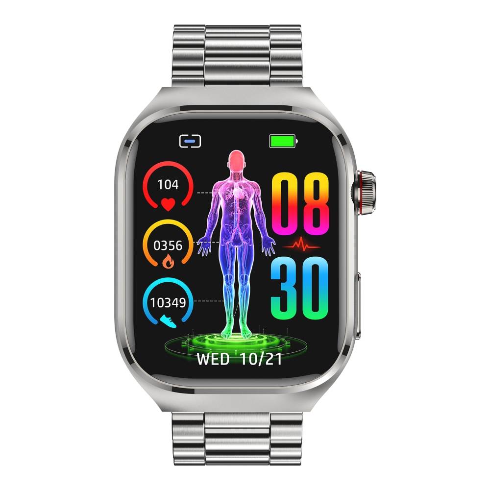 Smartwatch mit Edelstahlarmband EKG, Puls, Blutdruck, Schlaf, Schrittzähler Silver