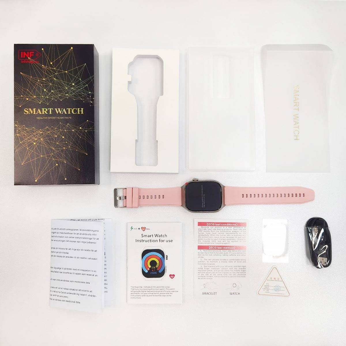 Smartwatch mit EKG, Herzfrequenz, Blutdruck, Schlaf, Schrittzähler Pink