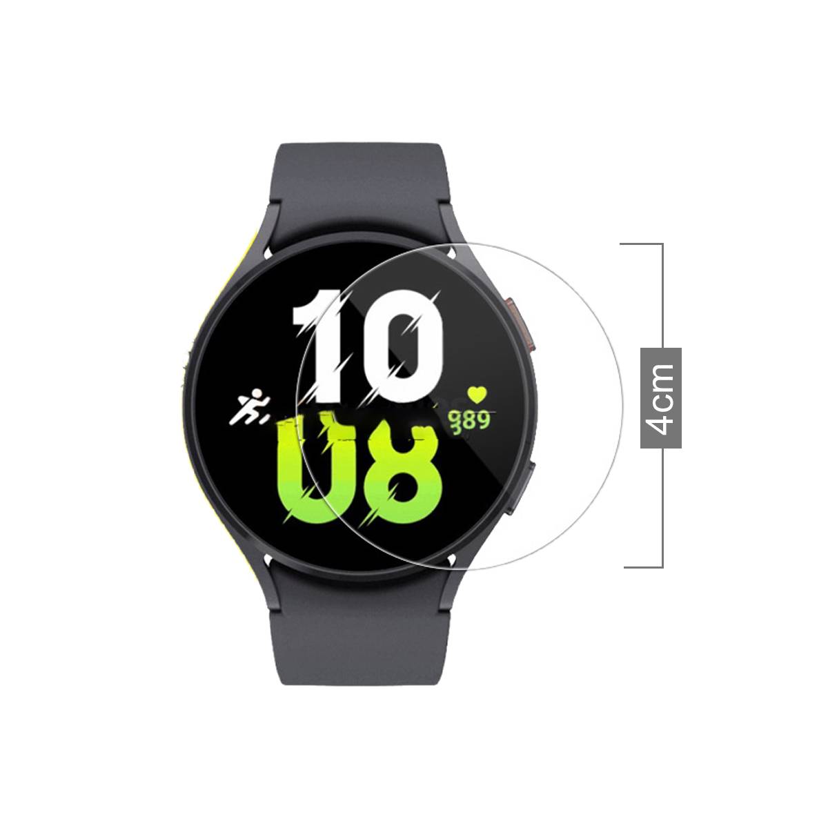 Rundige schwarze Smartwatch mit grauem Band, zeigt ein digitales Zifferblatt mit „10
