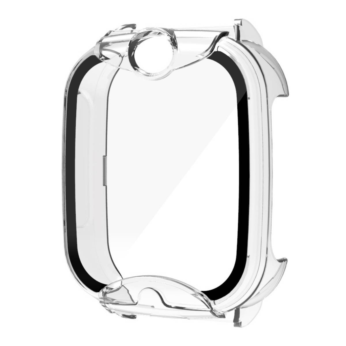 Transparente Schutzschale für eine Smartwatch, Vorderansicht mit Ausschnitten um das Display, die Krone und die Tasten.
