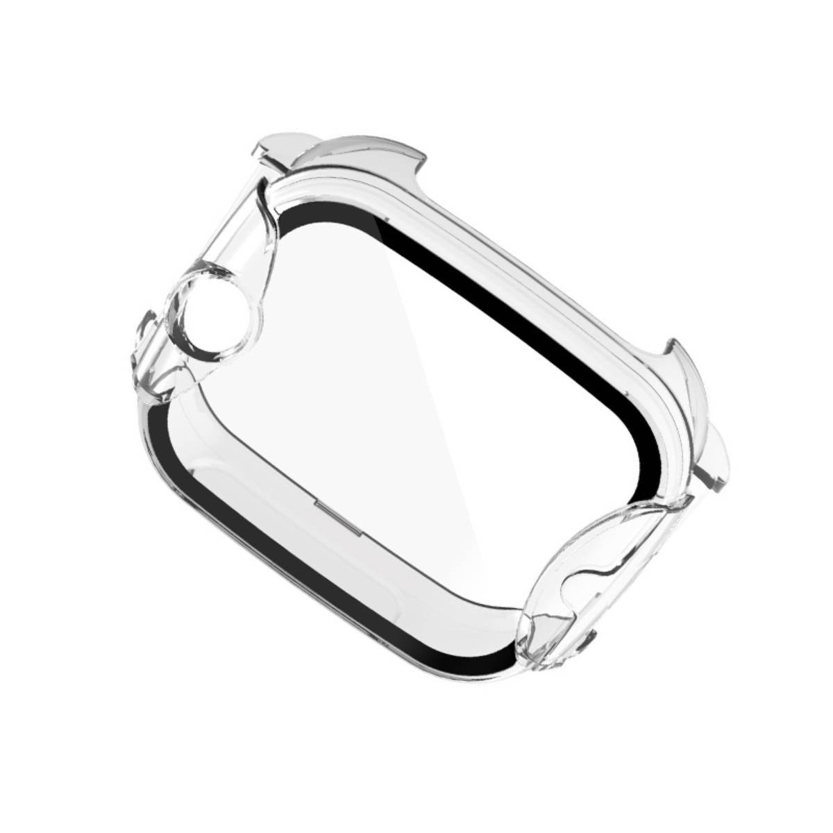 Durchsichtige Schutzhülle für eine rechteckige Smartwatch, gezeigt auf weißem Hintergrund.