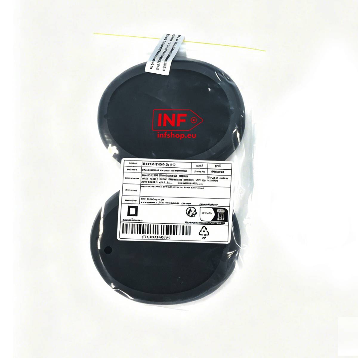 Verpacktes schwarzes ovales Kunststoffprodukt mit weißem Etikett und rotem "INF""-Logo, versiegelt in durchsichtiger Kunststofffolie auf weißem Hintergrund dargestellt.