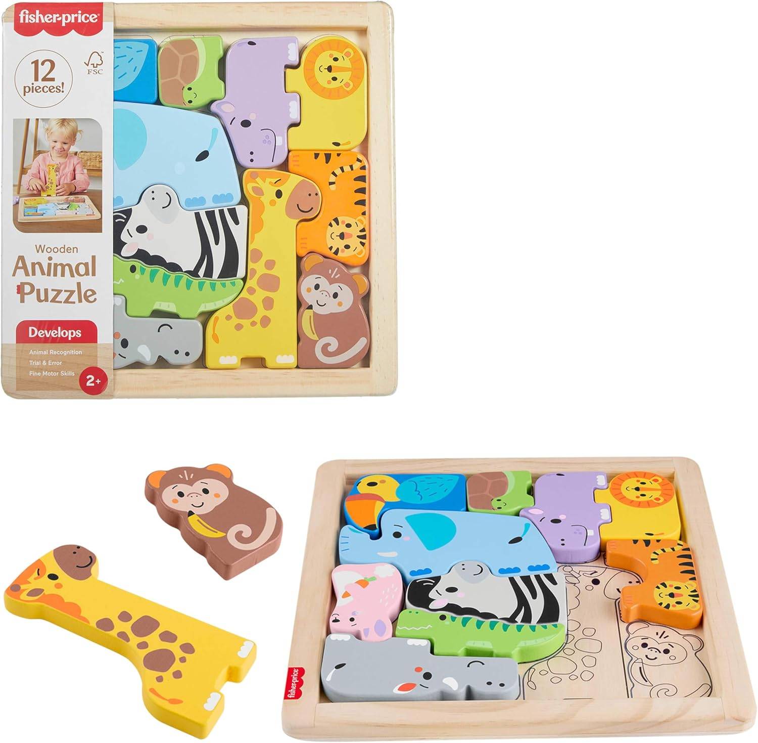 Fisher-Price 2-in-1-Tierwelt Holz zum Sortieren von Formen Puzzle 2+ JFG10