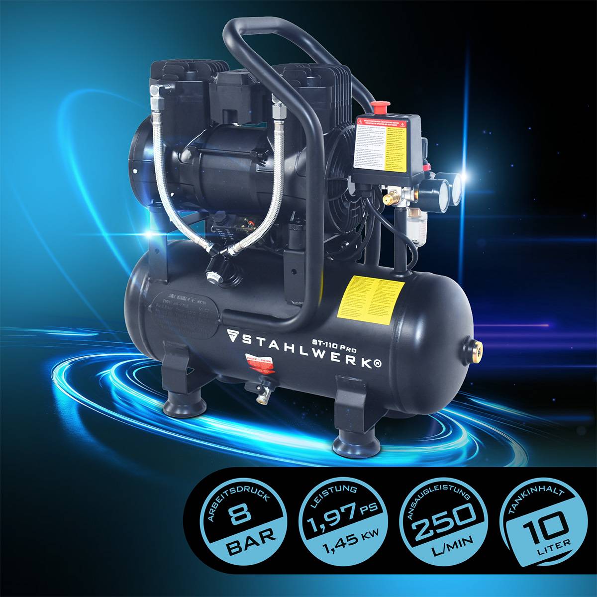 STAHLWERK Kompressor 8 bar 10 l 1,97 PS 1,45 kW 250 l/min Druckluftkompressor