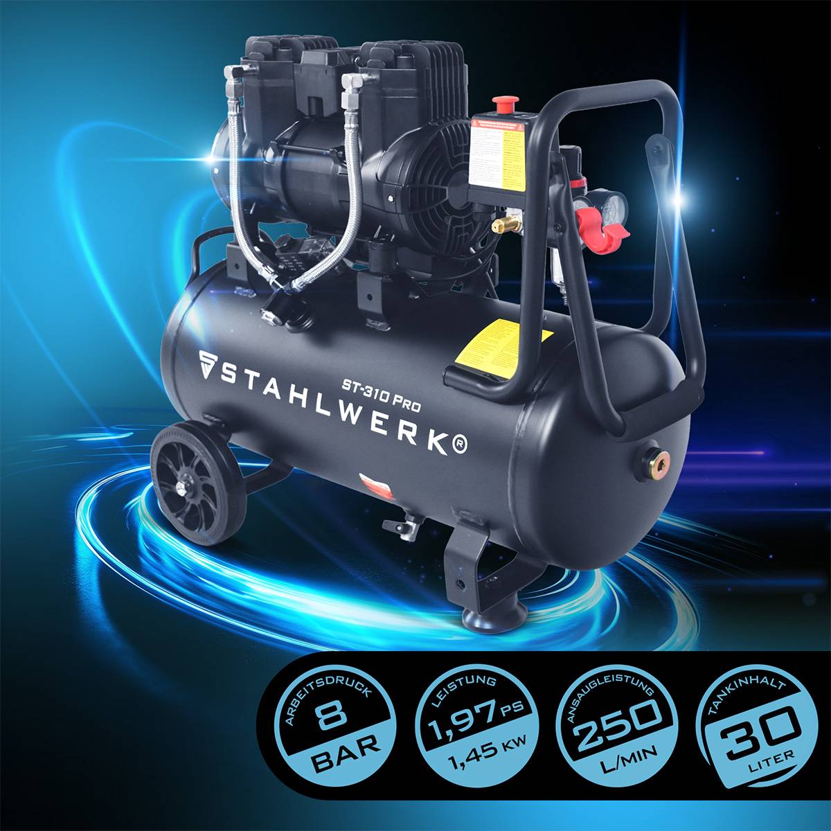 STAHLWERK Kompressor 8 bar 30 L 1,97 PS 1,45 kW 250 l/min Druckluftkompressor