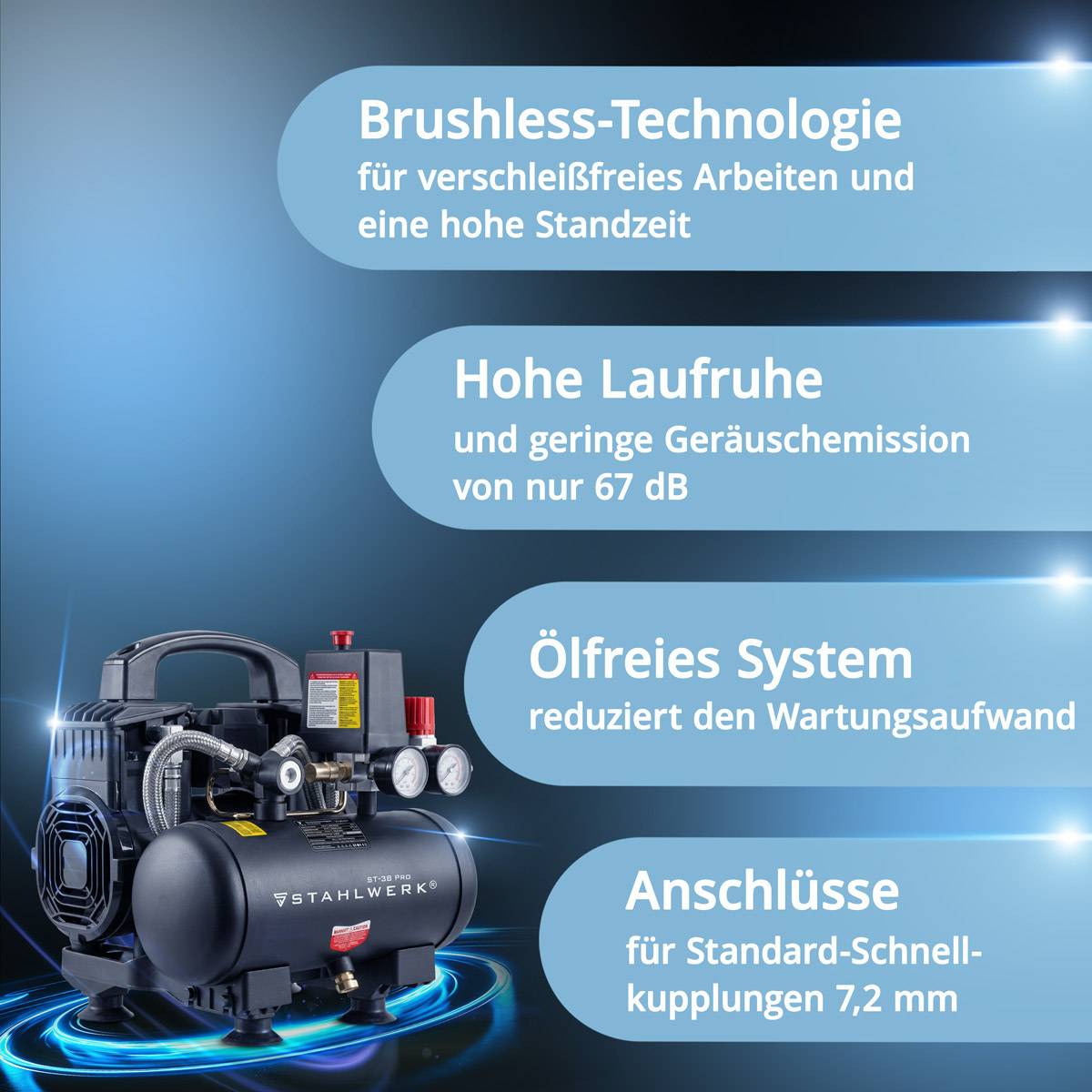 STAHLWERK Kompressor 8 bar 3 L 1,6 PS Reifenfüller Schlauch Pistole Verteiler