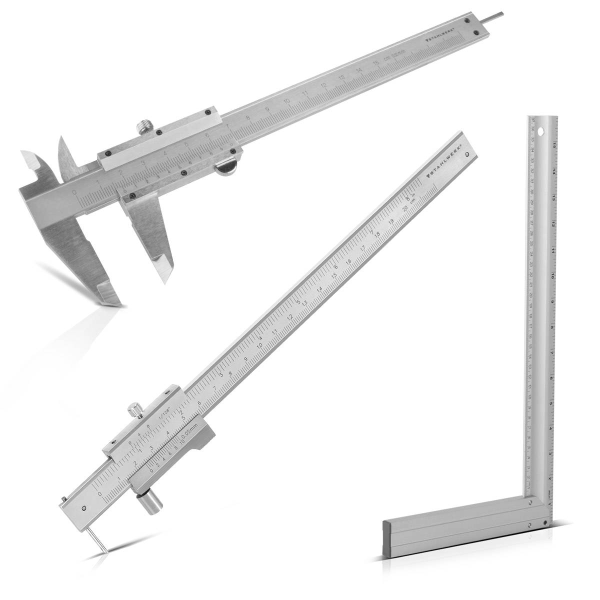 STAHLWERK Messwerkzeugset 2 x Messschieber 1 x Anschlagwinkel 400mm